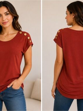 AUW Rust Red Gold Button Shoulder Top